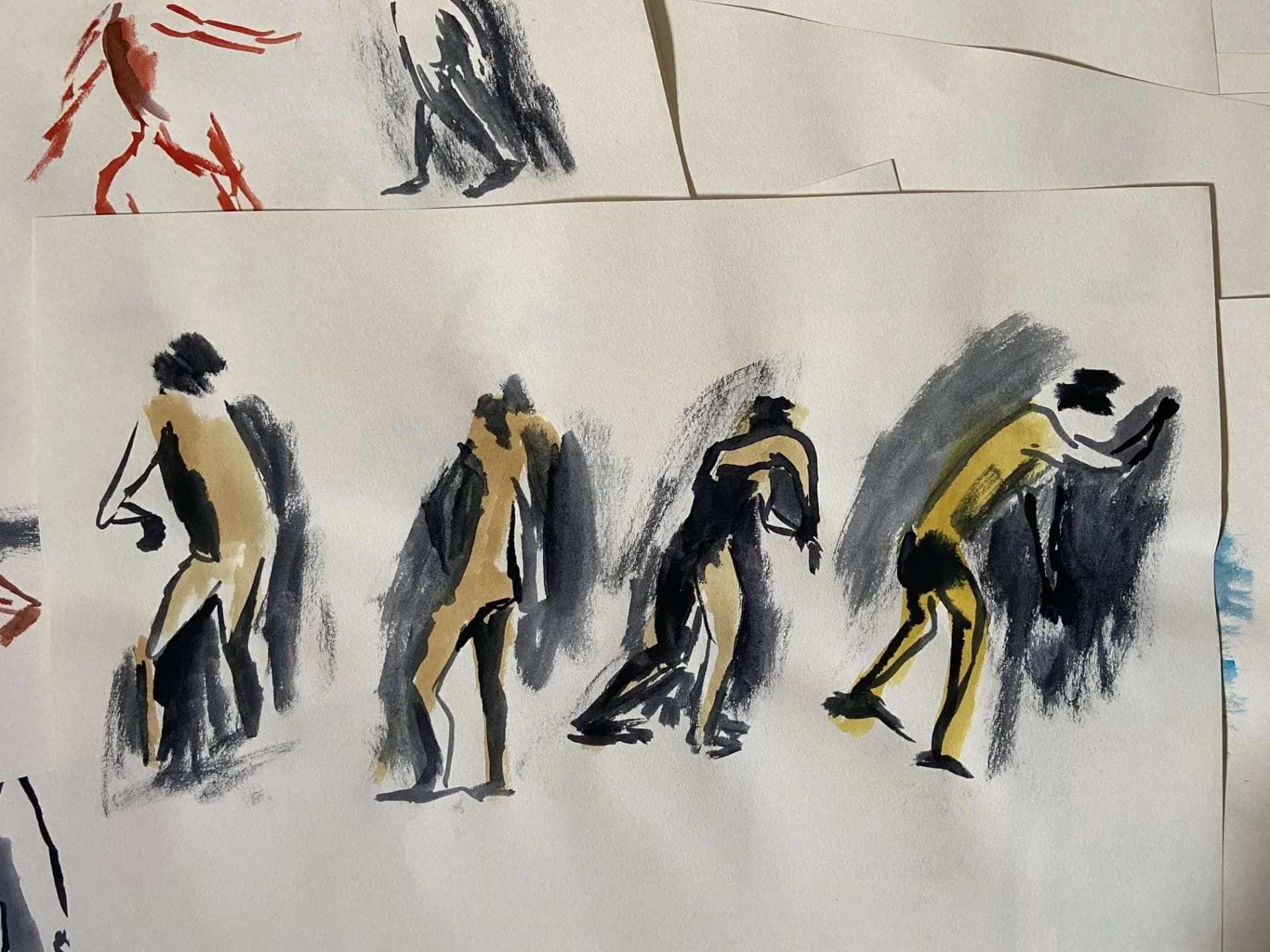 Watercolor walking figures