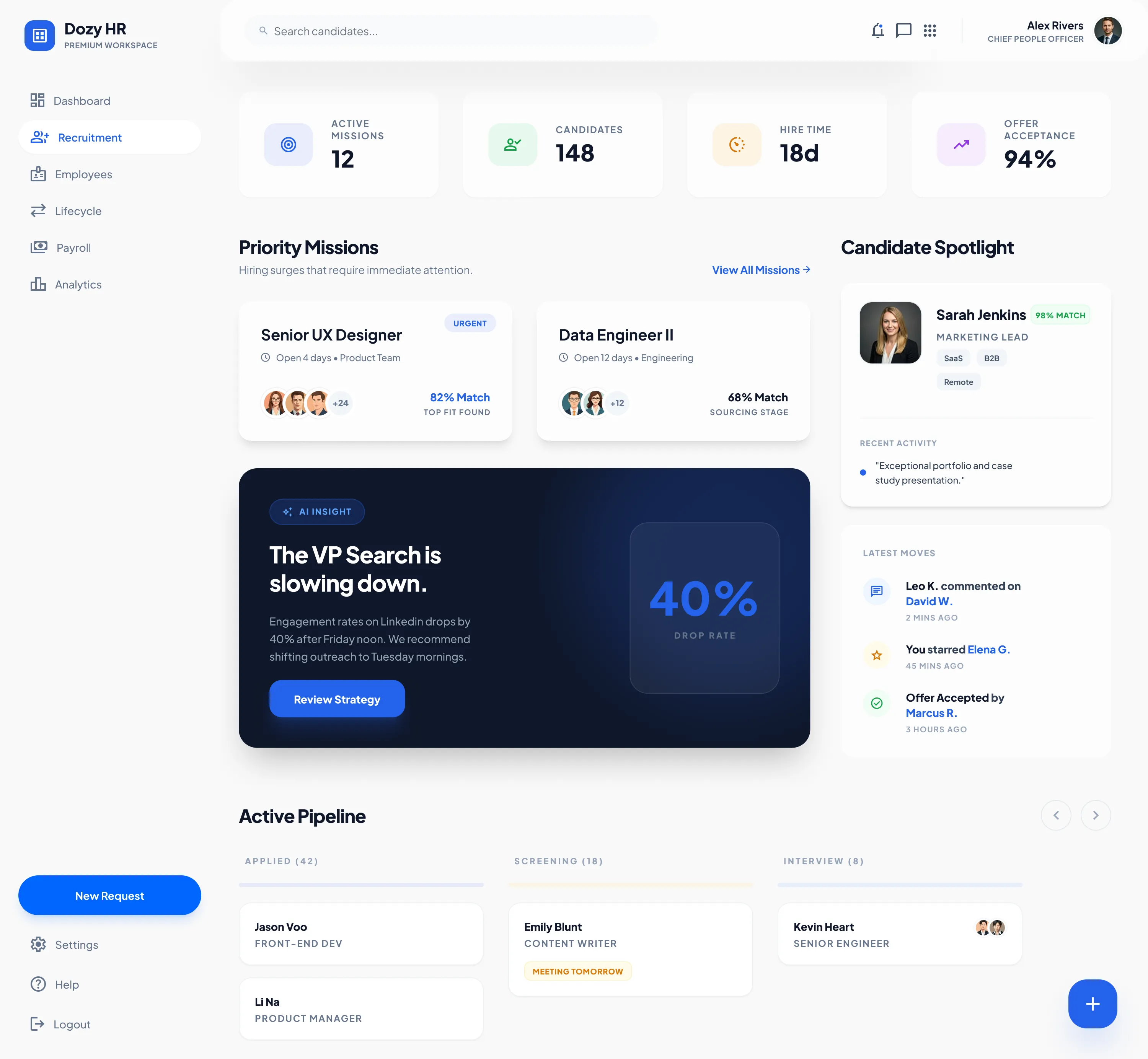 Recruitment — pipeline view with AI anomaly flags